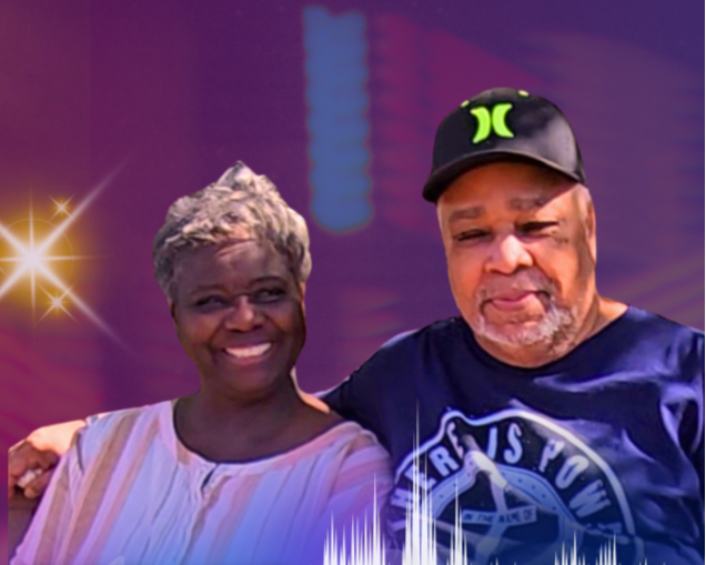 Two people posing together with a vibrant, colorful background